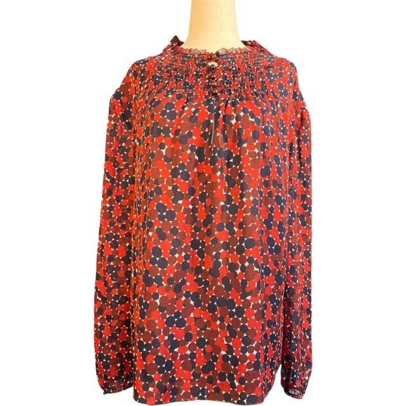 Diane Von Furstenberg Aleni SILK Smocked Long Sleeve Blouse Red Blue Geometric 2 - Picture 5 of 10